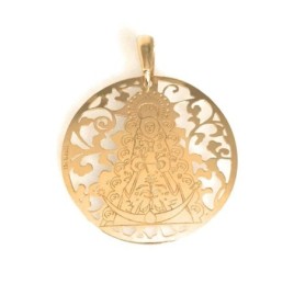 Medalla Virgen del Rocio en plata de ley cubierta de oro de 18kt y diamante. Tamaño 35mm
