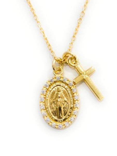 Pulsera Virgen de la Milagrosa y cruz en plata de ley cubierta de oro de 18kt Y circonitas