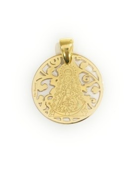 Medalla Virgen del Rocío en plata de ley cubierta de oro de 18kt. Tamaño 25mm