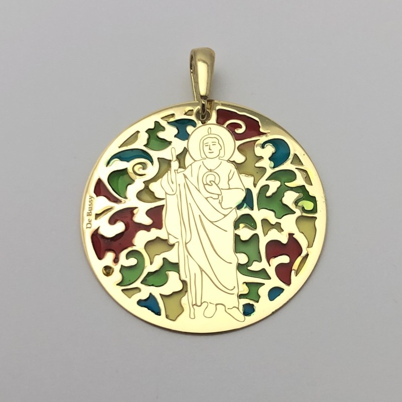 Medalla San Judas Tadeo en plata de ley 925mm cubierta de oro de 18kt y esmalte.

Tamaño 35mm