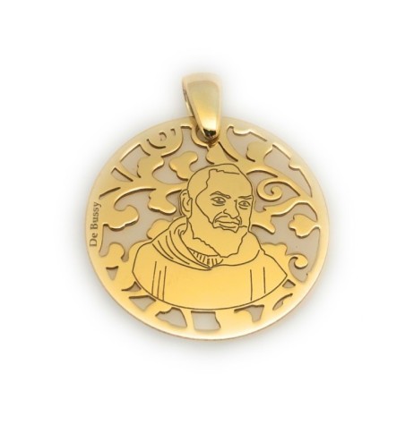 Medalla Padre Pío en plata de ley cubierta de oro de 18kt y nácar. Tamaño 25mm
