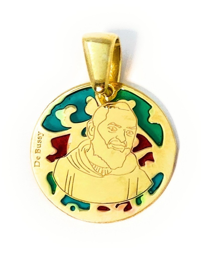 Medalla Padre Pío en plata de ley cubierta de oro de 18kt y esmlalte. Tamaño 20mm