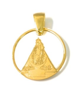 Medalla comunión De Bussy Virgen de la Fuensanta en plata cubierta de oro de 18kt y nácar. Tamaño redonda 20mm.