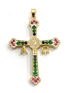 Cruz de Asturias en plata de ley y circonitas de color. Tamaño: 40x30mm